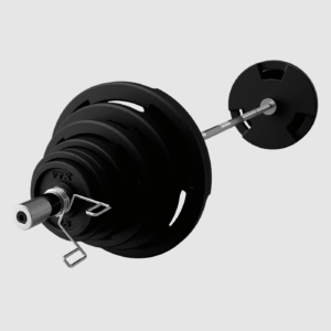 300 Lbs Olympic Rubber Encased "Wide Flange" 3 Hole Grip VTX Plate Set; Gob-86 Bar And Spring Collars Included