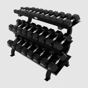 Rubber Db Set 5 Through 75Lb, 5Lb Jumps W Horiz 3 Tier Dbl Shelf Rack